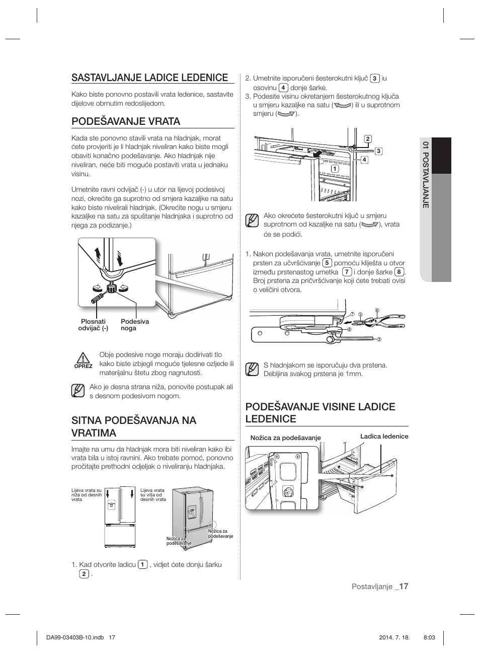 Sastavljanje ladice ledenice, Podešavanje vrata, Sitna podešavanja na vratima | Podešavanje visine ladice ledenice | Samsung RFG23DERS User Manual | Page 157 / 252