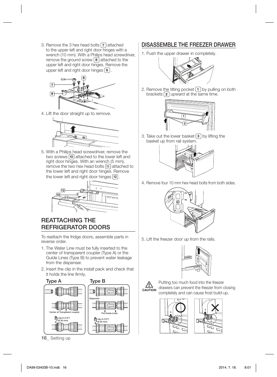 Reattaching the refrigerator doors, Disassemble the freezer drawer | Samsung RFG23DERS User Manual | Page 16 / 252