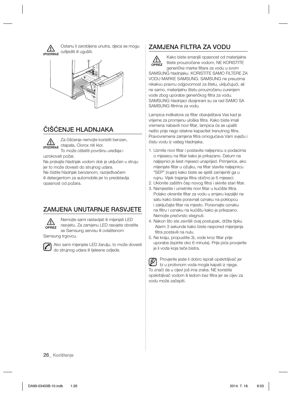 Čišćenje hladnjaka, Zamjena unutarnje rasvjete, Zamjena filtra za vodu | Samsung RFG23DERS User Manual | Page 166 / 252