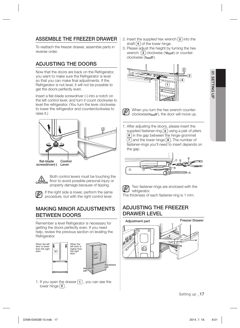Assemble the freezer drawer, Adjusting the doors, Making minor adjustments between doors | Adjusting the freezer drawer level | Samsung RFG23DERS User Manual | Page 17 / 252