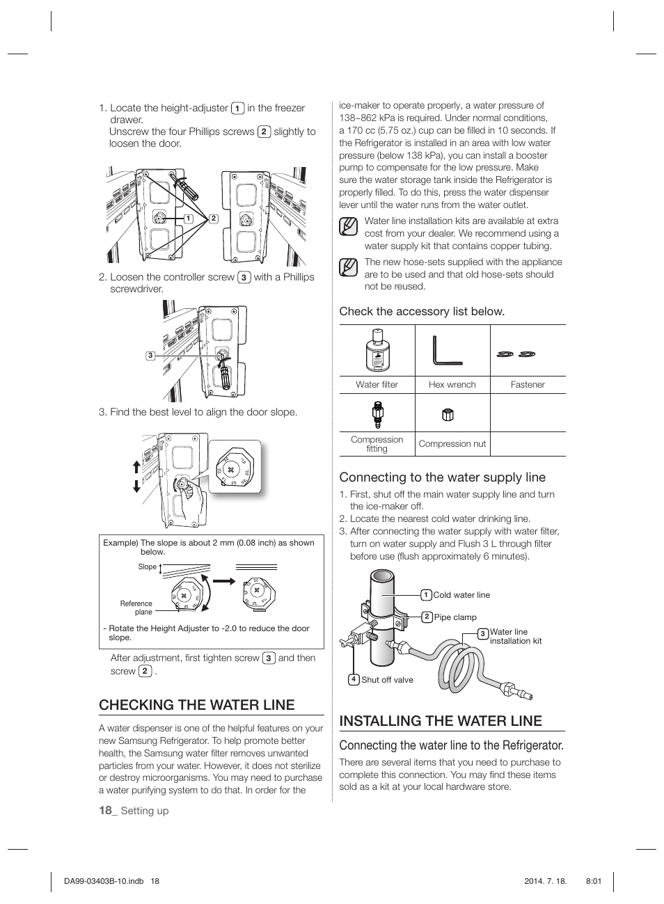 Checking the water line, Installing the water line, Connecting to the water supply line | Connecting the water line to the refrigerator | Samsung RFG23DERS User Manual | Page 18 / 252