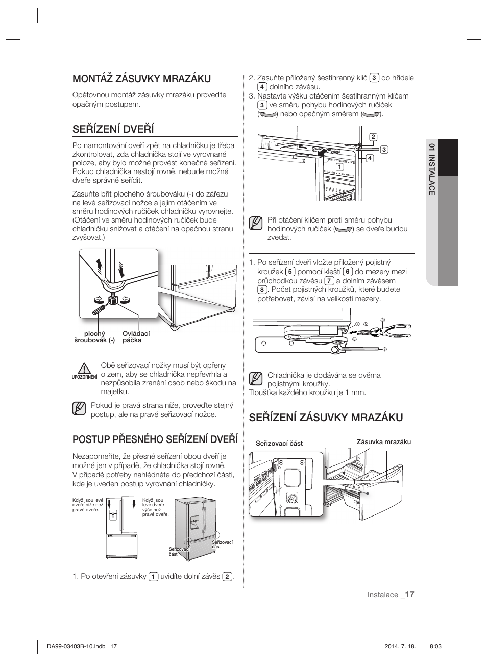 Montáž zásuvky mrazáku, Seřízení dveří, Postup přesného seřízení dveří | Seřízení zásuvky mrazáku | Samsung RFG23DERS User Manual | Page 185 / 252