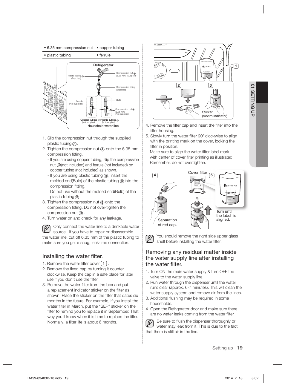 Installing the water ﬁ lter | Samsung RFG23DERS User Manual | Page 19 / 252