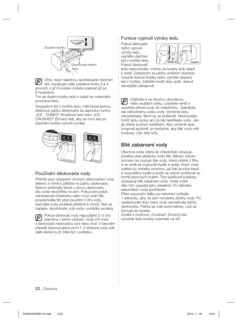 Bílé zabarvení vody, Používání dávkovače vody, Funkce vypnutí výroby ledu | Samsung RFG23DERS User Manual | Page 190 / 252