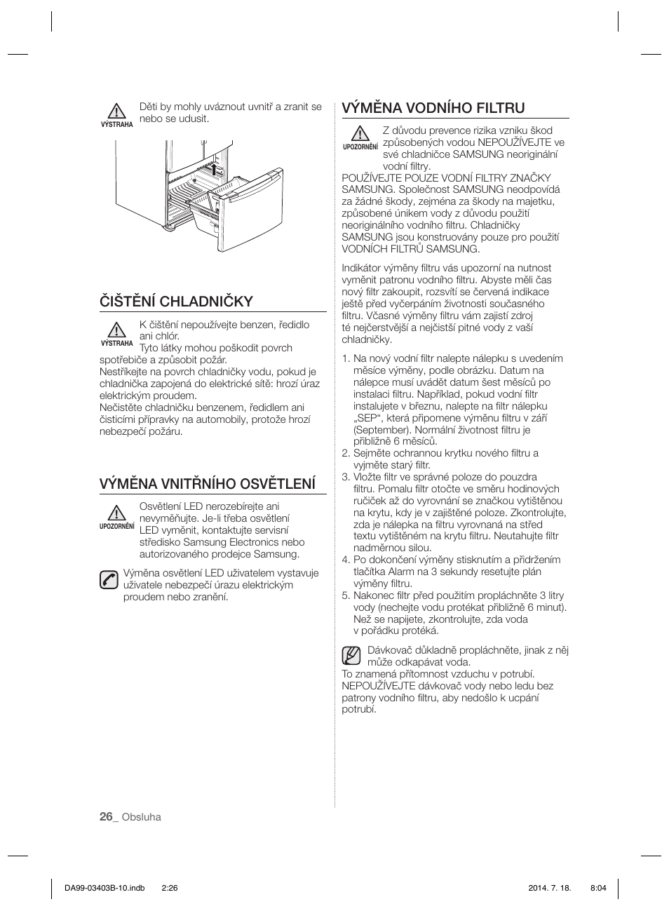 Čištění chladničky, Výměna vnitřního osvětlení, Výměna vodního filtru | Samsung RFG23DERS User Manual | Page 194 / 252
