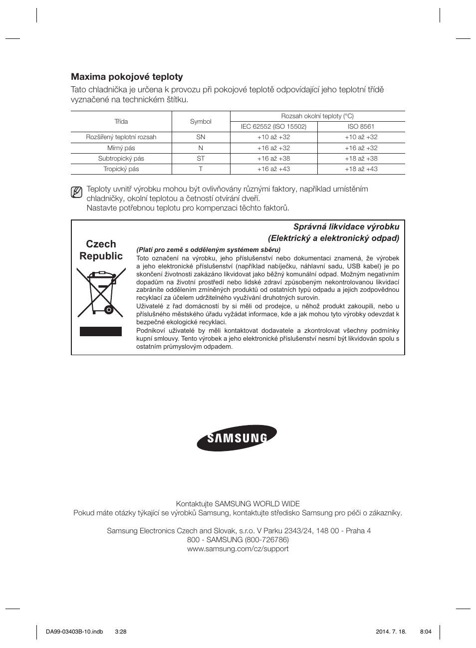 Czech republic, Maxima pokojové teploty | Samsung RFG23DERS User Manual | Page 196 / 252