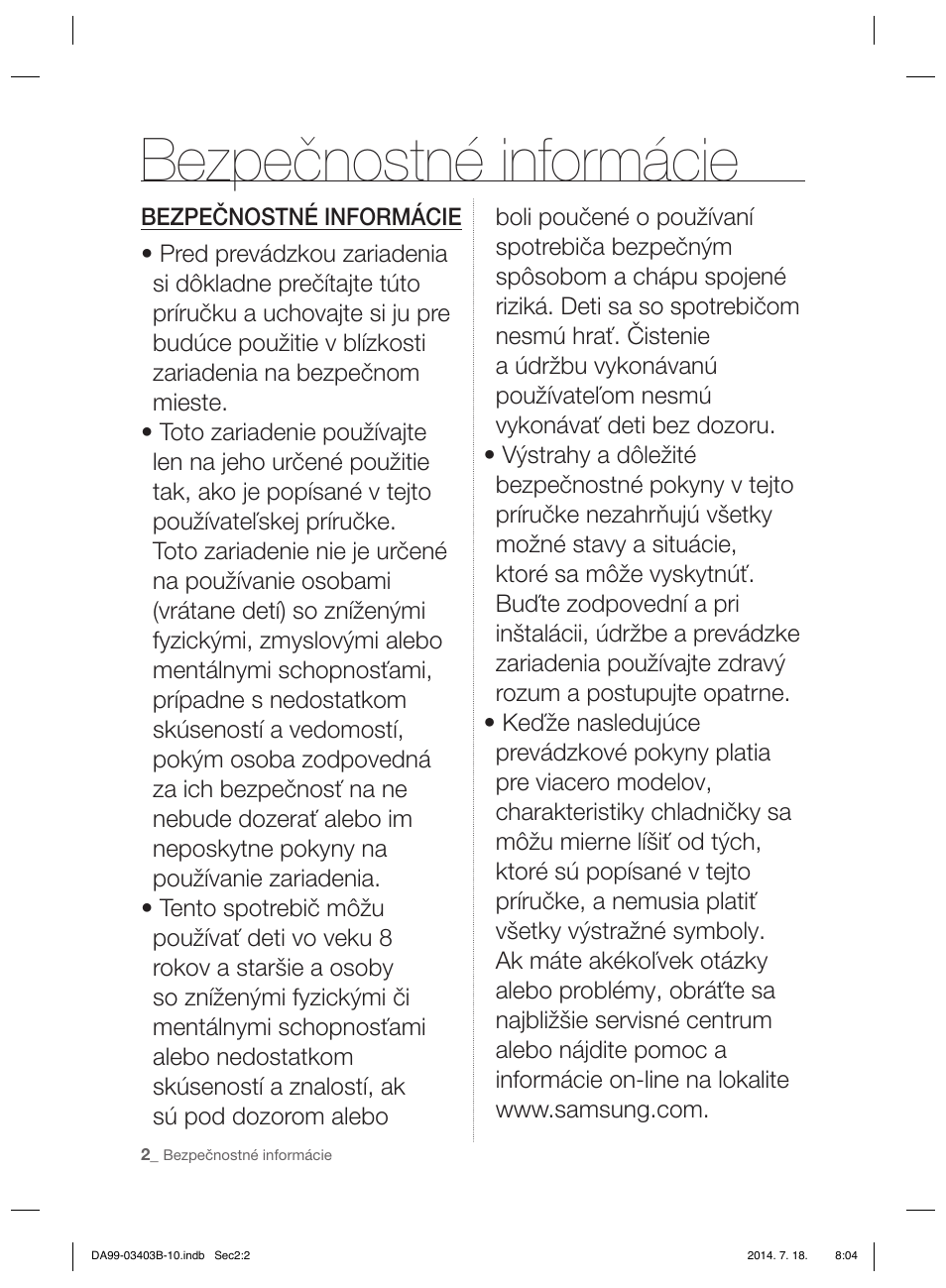 Bezpečnostné informácie | Samsung RFG23DERS User Manual | Page 198 / 252