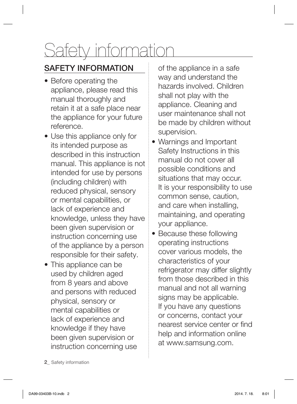 Safety information | Samsung RFG23DERS User Manual | Page 2 / 252