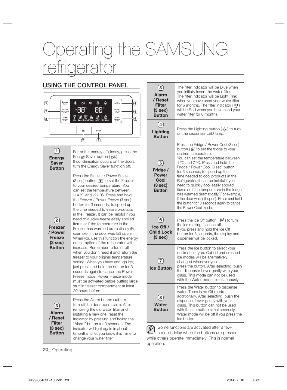 Operating the samsung refrigerator, Using the control panel | Samsung RFG23DERS User Manual | Page 20 / 252