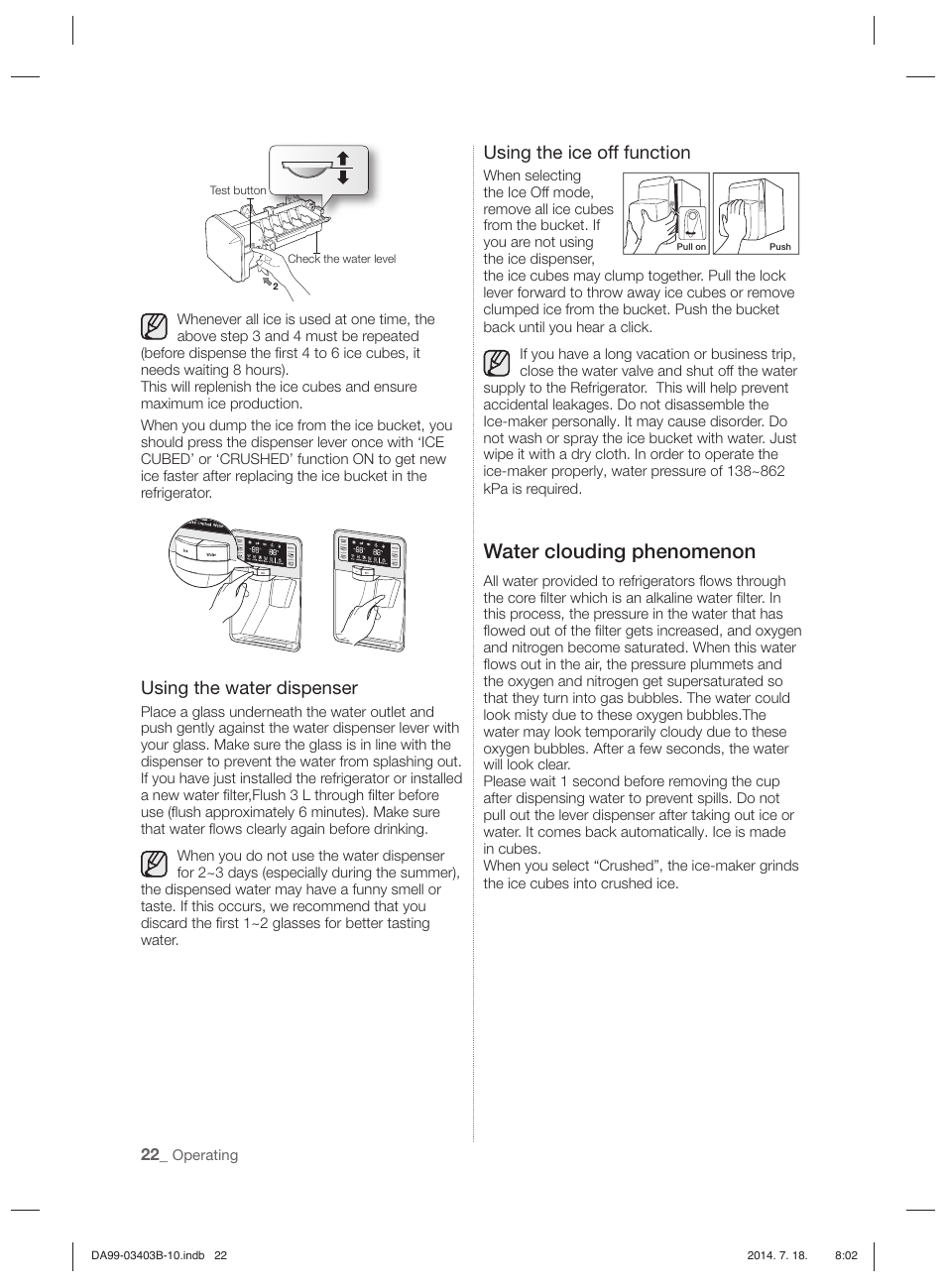 Water clouding phenomenon, Using the water dispenser, Using the ice off function | Samsung RFG23DERS User Manual | Page 22 / 252