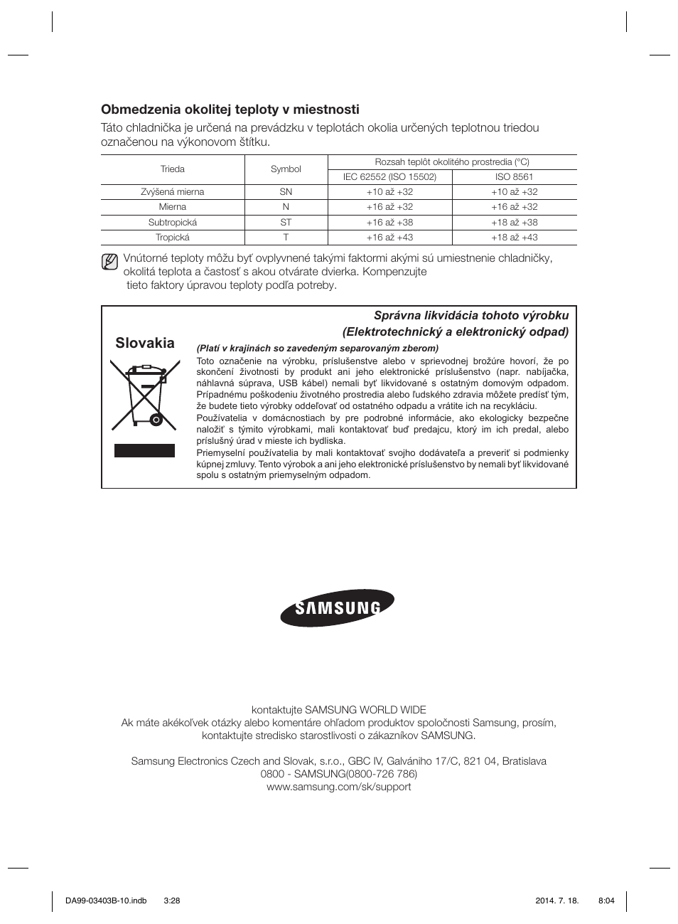 Slovakia, Obmedzenia okolitej teploty v miestnosti | Samsung RFG23DERS User Manual | Page 224 / 252