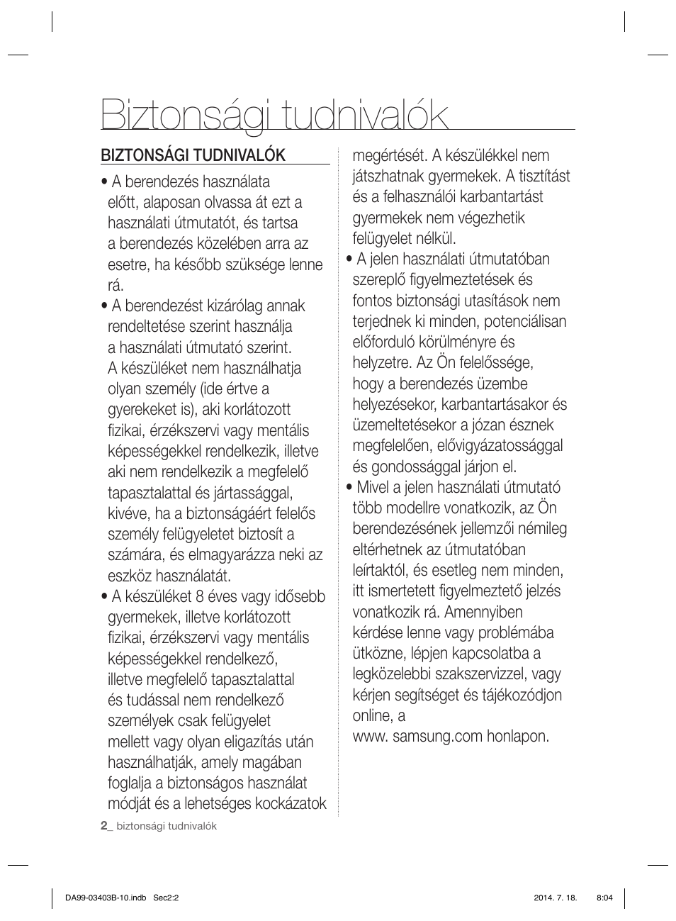 Biztonsági tudnivalók | Samsung RFG23DERS User Manual | Page 226 / 252