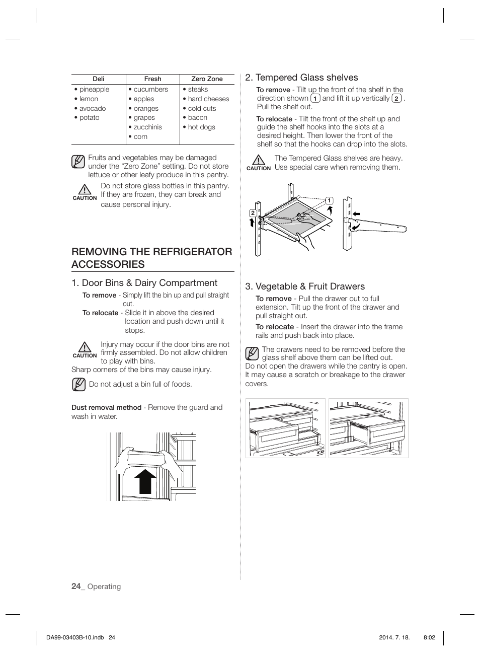 Removing the refrigerator accessories, Door bins & dairy compartment, Tempered glass shelves | Vegetable & fruit drawers | Samsung RFG23DERS User Manual | Page 24 / 252