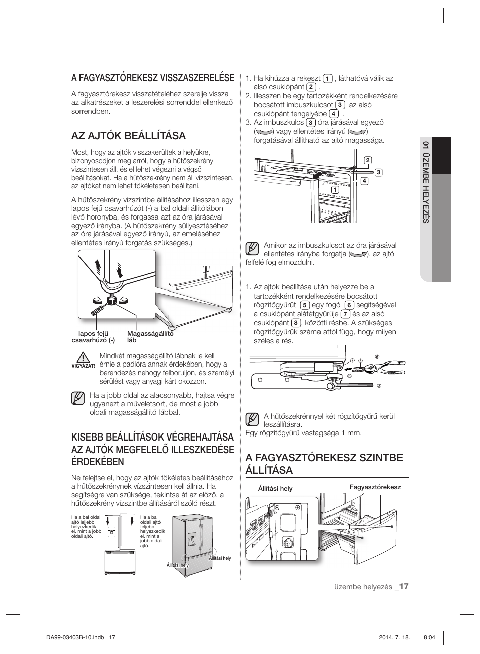 A fagyasztórekesz visszaszerelése, Az ajtók beállítása, A fagyasztórekesz szintbe állítása | Samsung RFG23DERS User Manual | Page 241 / 252