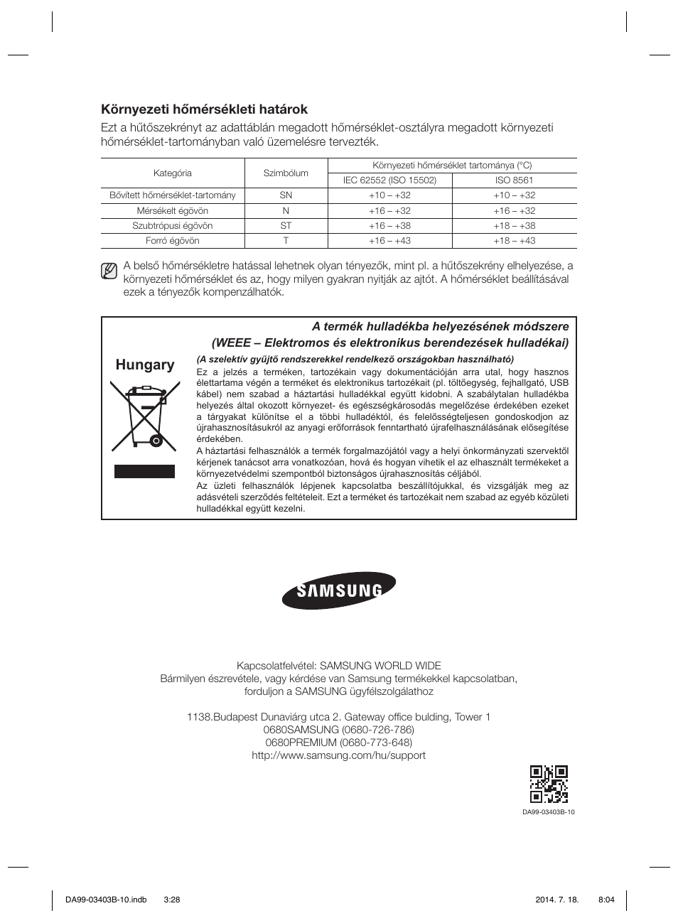 Hungary, Környezeti hőmérsékleti határok | Samsung RFG23DERS User Manual | Page 252 / 252