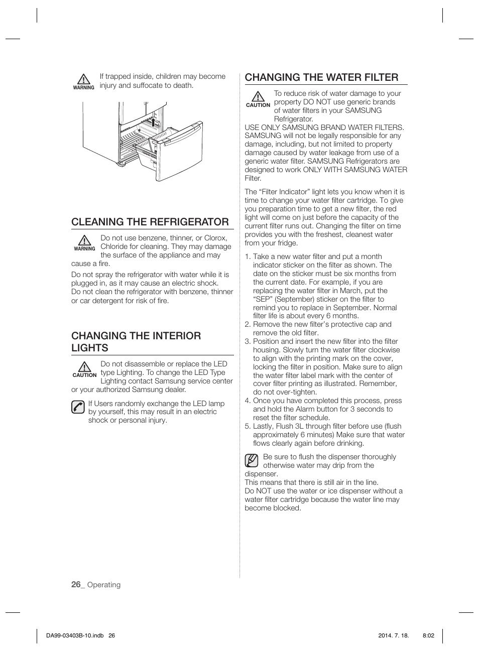 Cleaning the refrigerator, Changing the interior lights, Changing the water filter | Samsung RFG23DERS User Manual | Page 26 / 252