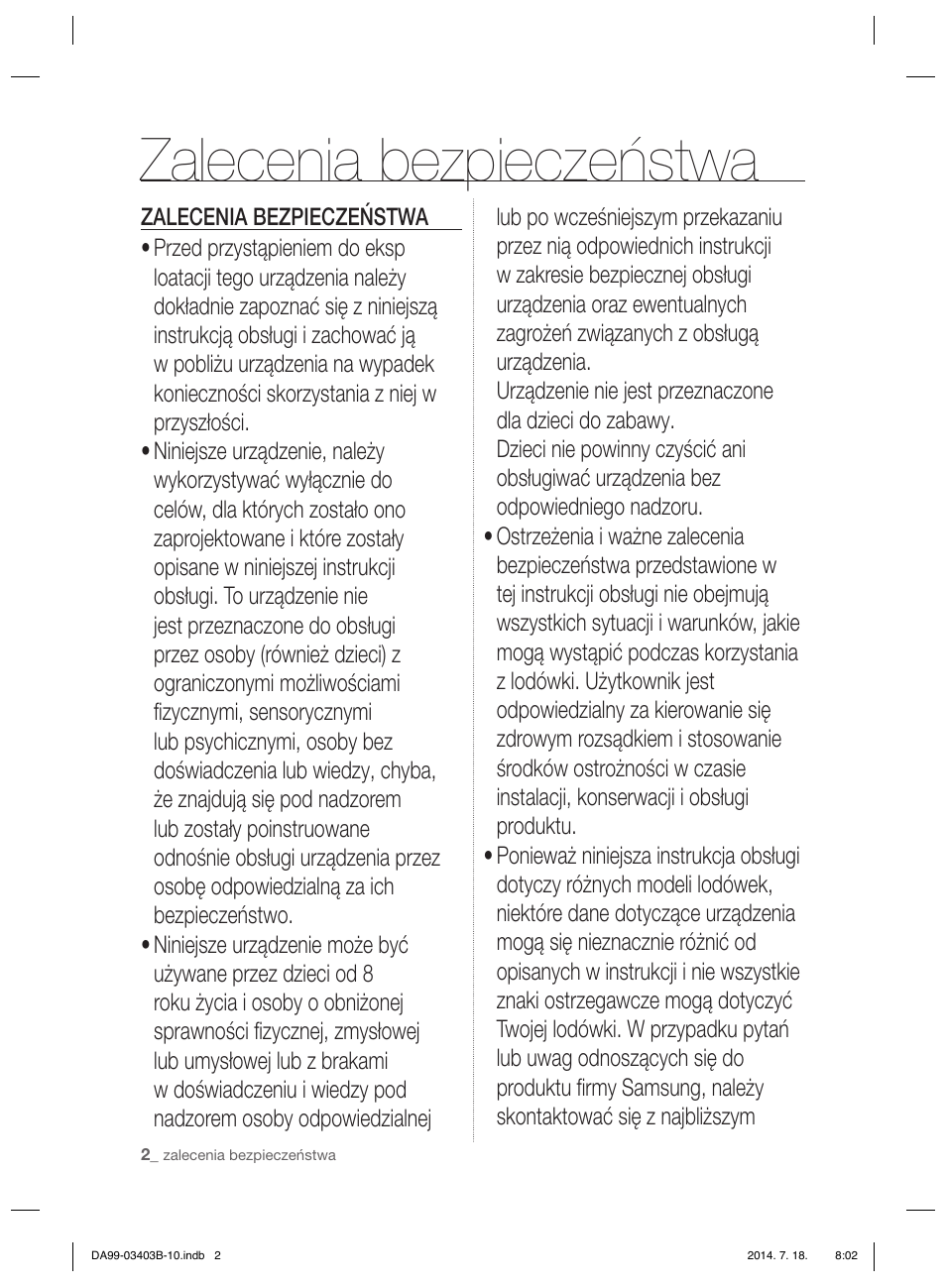 Zalecenia bezpieczeństwa | Samsung RFG23DERS User Manual | Page 30 / 252