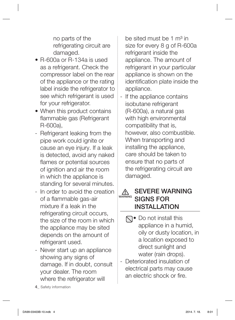 Severe warning signs for installation | Samsung RFG23DERS User Manual | Page 4 / 252