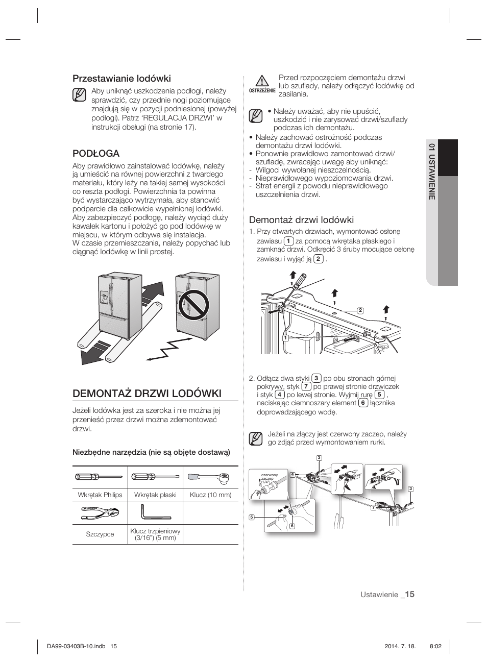 Demontaż drzwi lodówki, Przestawianie lodówki, Podłoga | Samsung RFG23DERS User Manual | Page 43 / 252