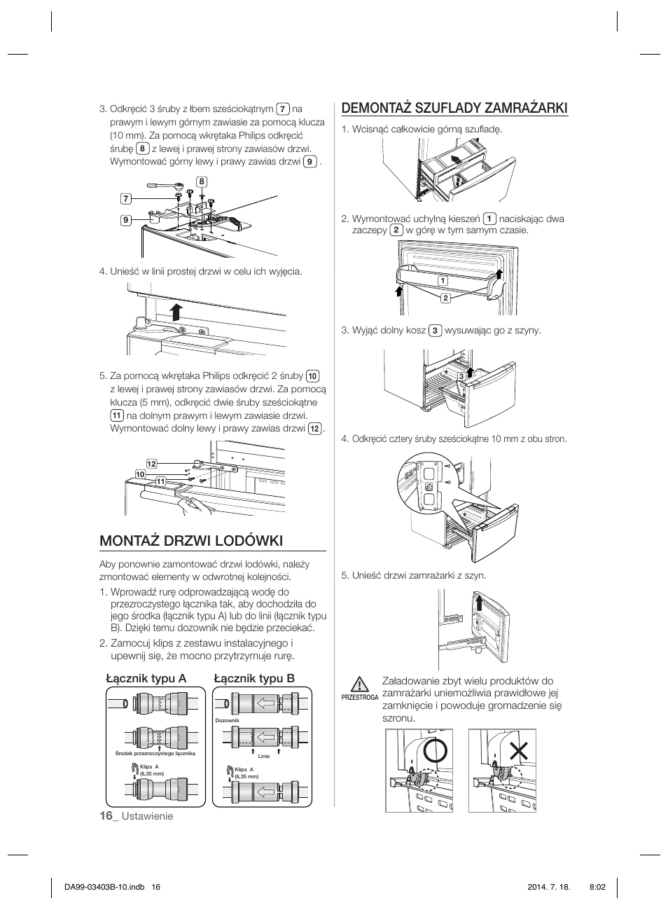 Montaż drzwi lodówki, Demontaż szuflady zamrażarki | Samsung RFG23DERS User Manual | Page 44 / 252