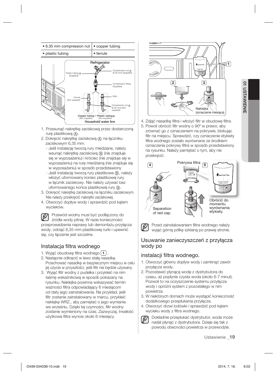 Instalacja ﬁ ltra wodnego | Samsung RFG23DERS User Manual | Page 47 / 252