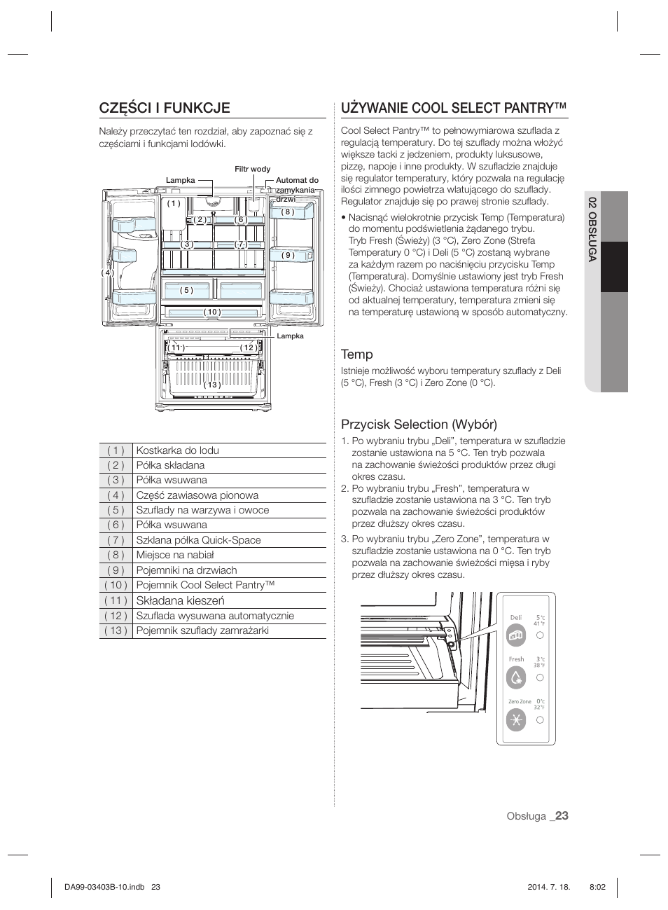 Części i funkcje, Używanie cool select pantry, Temp | Przycisk selection (wybór) | Samsung RFG23DERS User Manual | Page 51 / 252