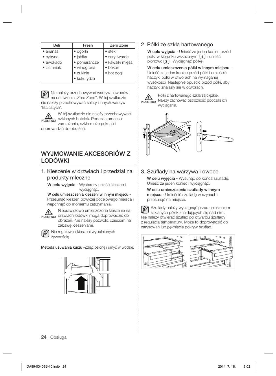 Wyjmowanie akcesoriów z lodówki, Półki ze szkła hartowanego, Szuﬂ ady na warzywa i owoce | Samsung RFG23DERS User Manual | Page 52 / 252