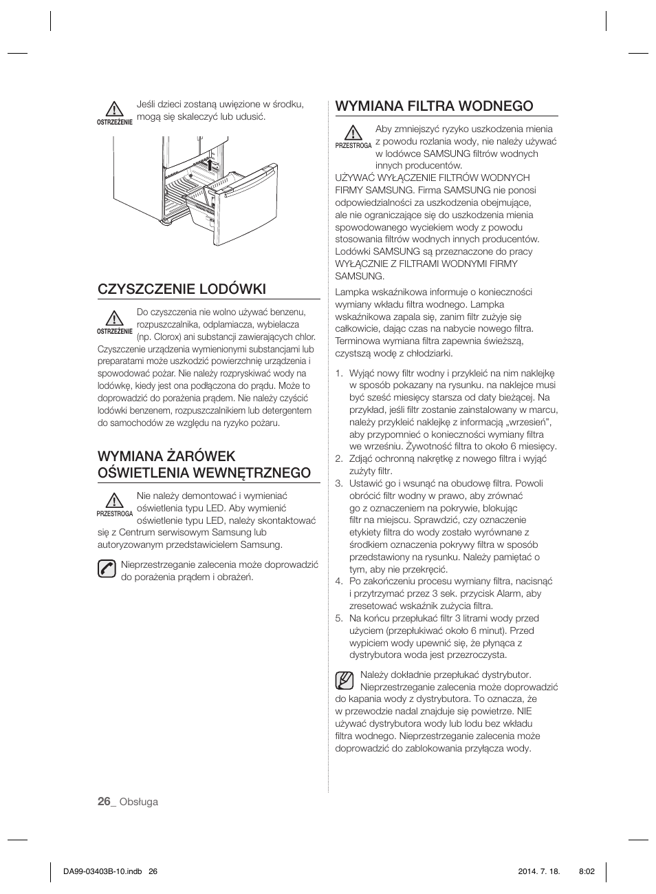 Czyszczenie lodówki, Wymiana żarówek oświetlenia wewnętrznego, Wymiana filtra wodnego | Samsung RFG23DERS User Manual | Page 54 / 252