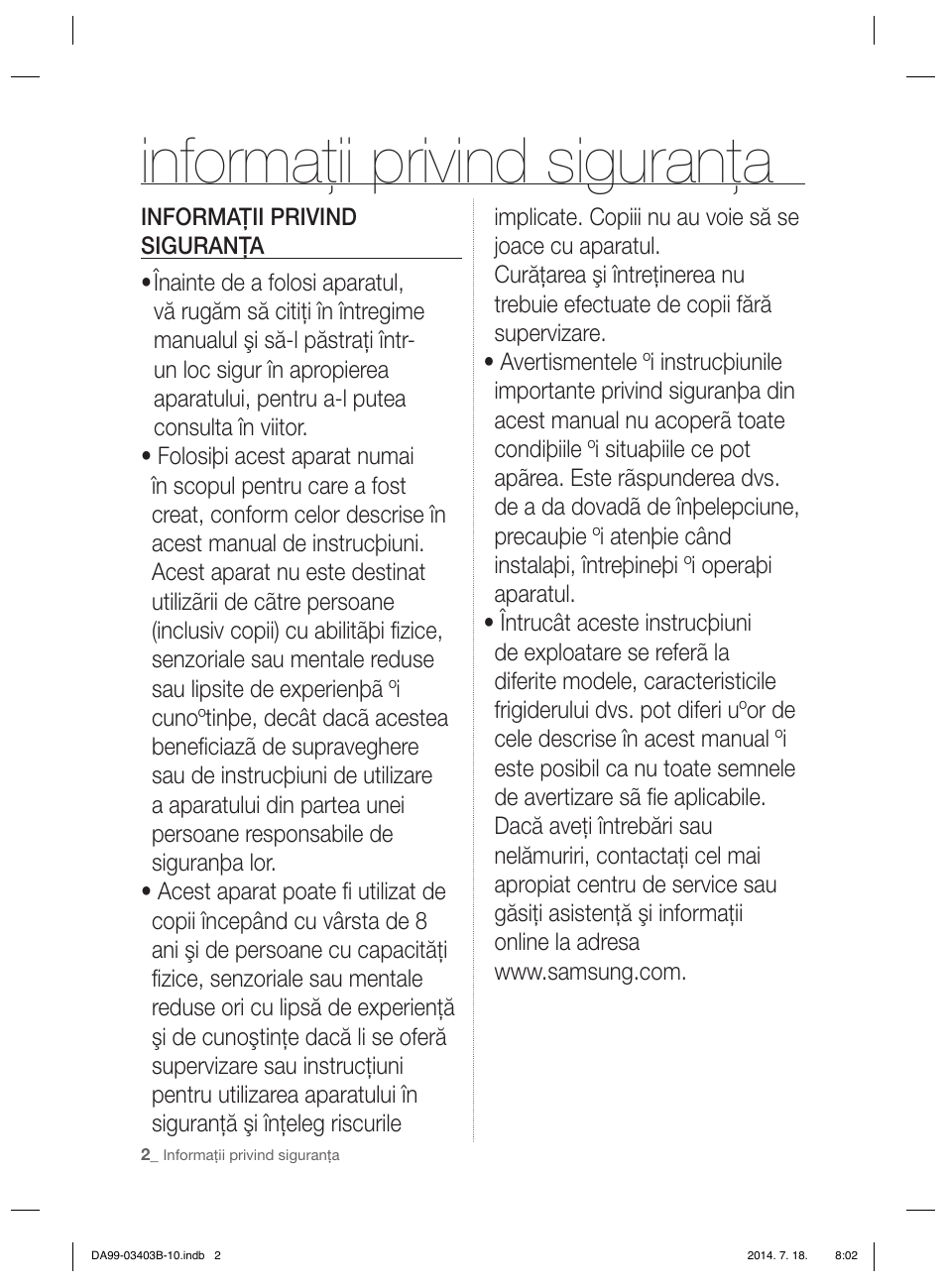 Informaţii privind siguranţa | Samsung RFG23DERS User Manual | Page 58 / 252