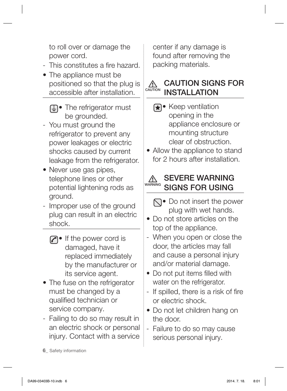 Caution signs for installation, Severe warning signs for using | Samsung RFG23DERS User Manual | Page 6 / 252