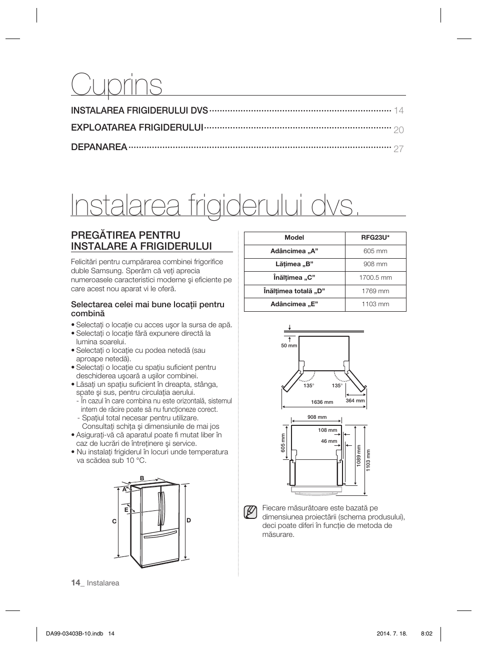 Instalarea frigiderului dvs. cuprins, Pregătirea pentru instalare a frigiderului | Samsung RFG23DERS User Manual | Page 70 / 252