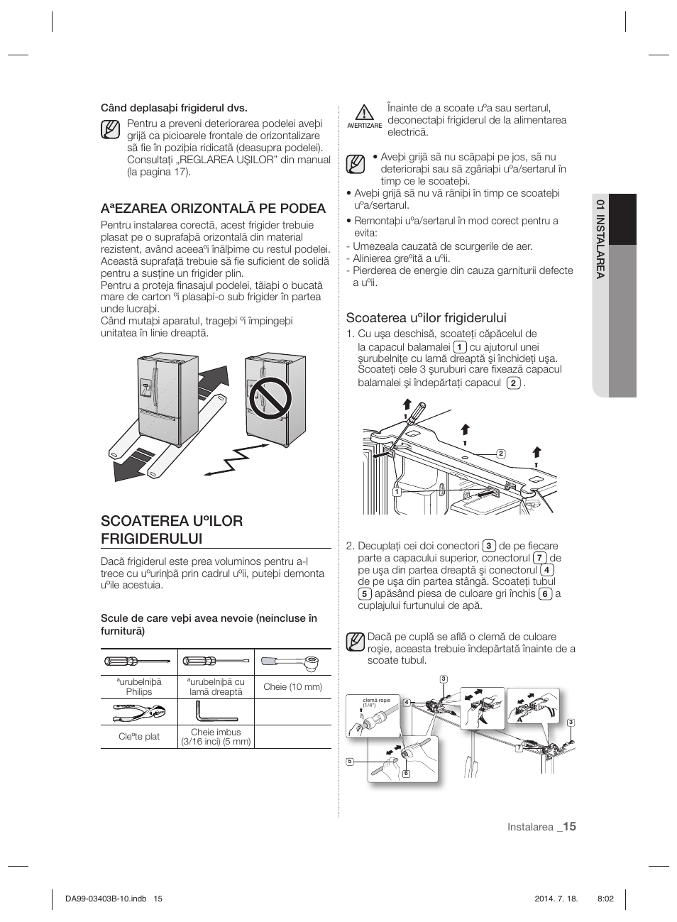 Scoaterea uºilor frigiderului, Aªezarea orizontalã pe podea | Samsung RFG23DERS User Manual | Page 71 / 252