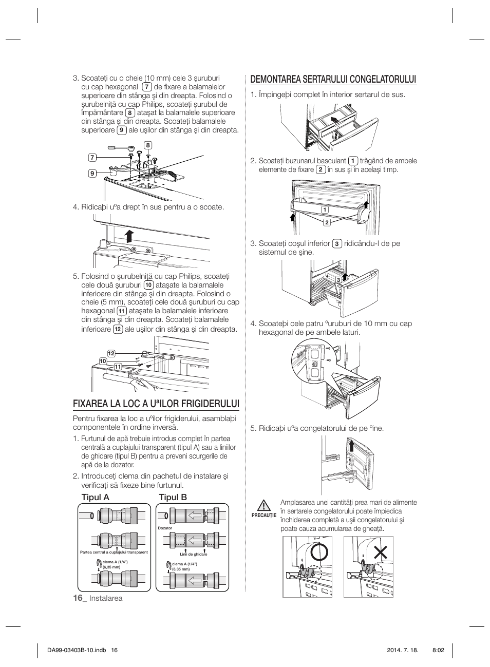 Fixarea la loc a uªilor frigiderului, Demontarea sertarului congelatorului | Samsung RFG23DERS User Manual | Page 72 / 252