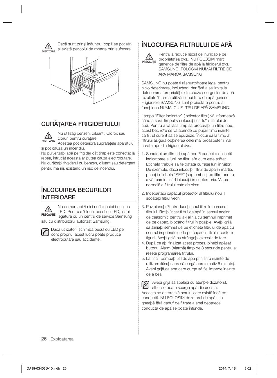 Curăţarea frigiderului, Înlocuirea becurilor interioare, Înlocuirea filtrului de apã | Samsung RFG23DERS User Manual | Page 82 / 252