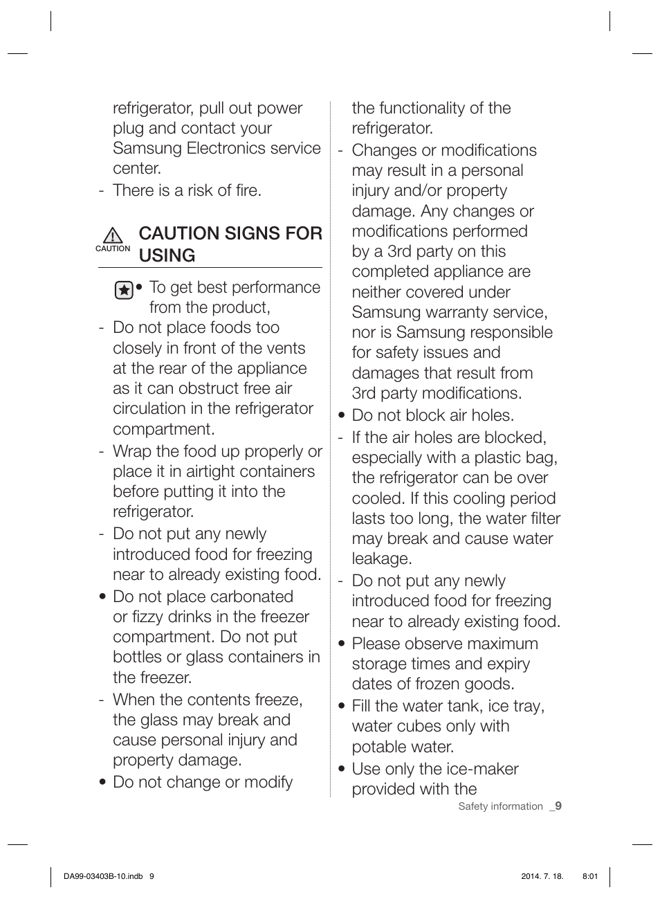 Caution signs for using | Samsung RFG23DERS User Manual | Page 9 / 252