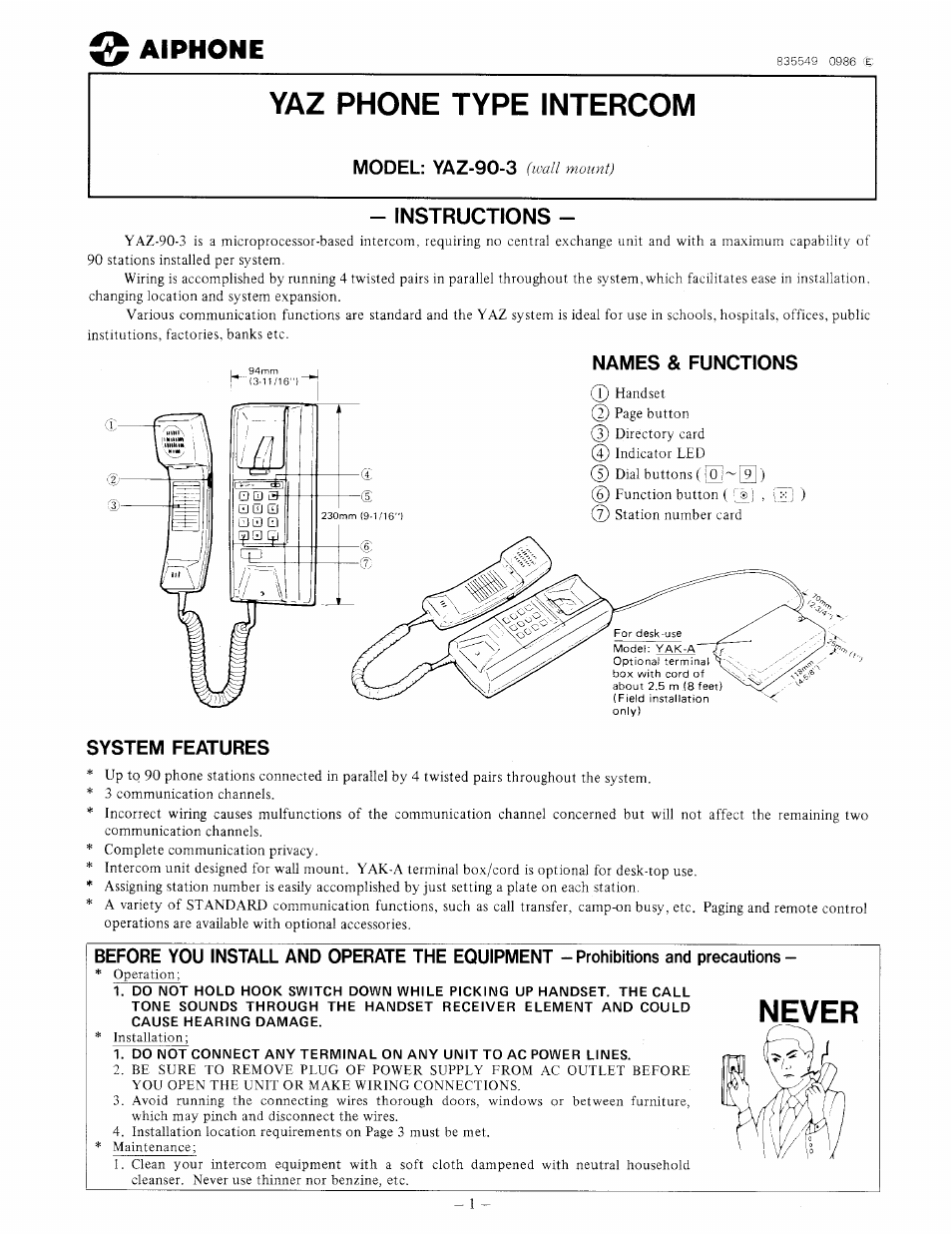 Aiphone YAZ-90-3 User Manual | 8 pages