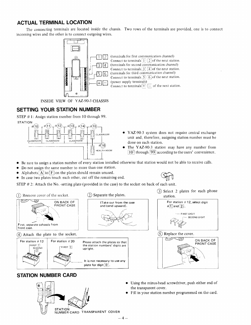 Actual terminal location, Setting your station number, Station number card | Inside view of yaz-90-3 chassis, Step # i: assign station number from 10 through 99, Station, The transparent cover | Aiphone YAZ-90-3 User Manual | Page 4 / 8