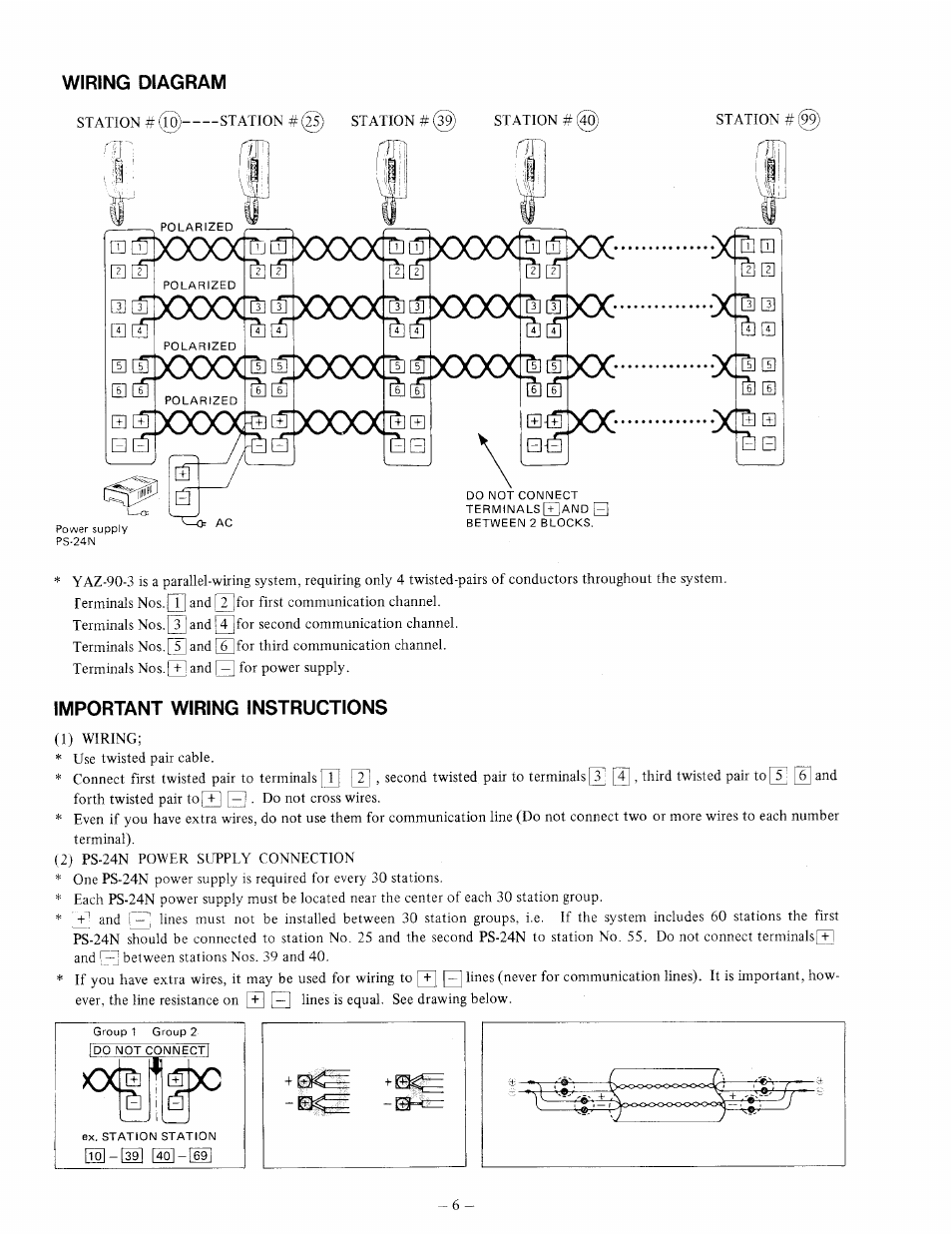 Wiring diagram, Important wiring instructions | Aiphone YAZ-90-3 User Manual | Page 6 / 8