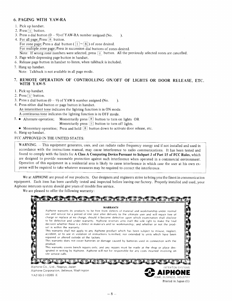 Paging with yaw-ra, Aiphone | Aiphone YAZ-90-3 User Manual | Page 8 / 8