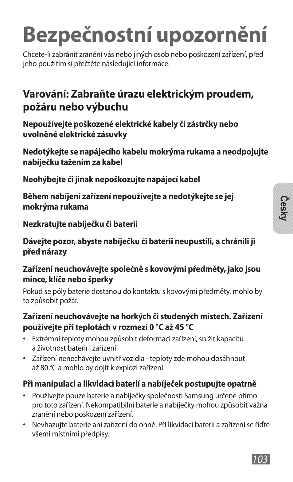 Bezpečnostní upozornění | Samsung GT-B3800 User Manual | Page 105 / 140