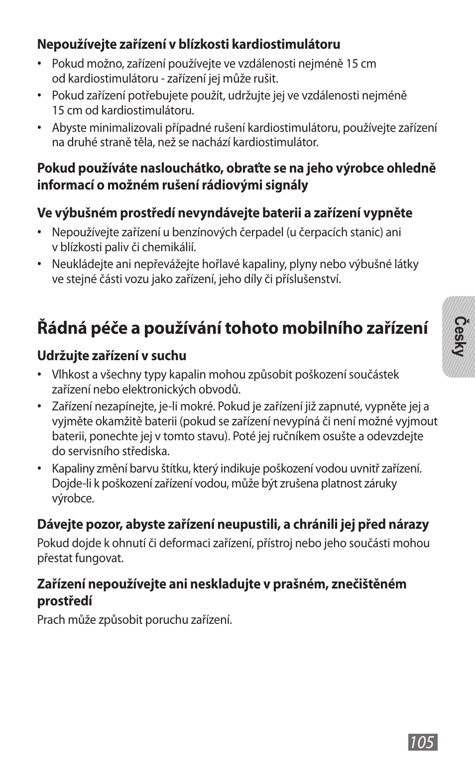 Řádná péče a používání tohoto mobilního zařízení | Samsung GT-B3800 User Manual | Page 107 / 140