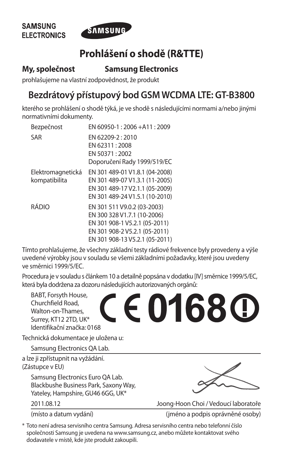 Prohlášení o shodě (r&tte), Bezdrátový přístupový bod gsm wcdma lte: gt-b3800 | Samsung GT-B3800 User Manual | Page 112 / 140