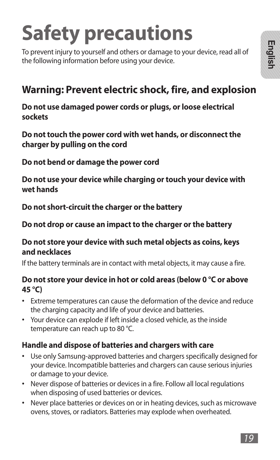 Safety precautions | Samsung GT-B3800 User Manual | Page 21 / 140