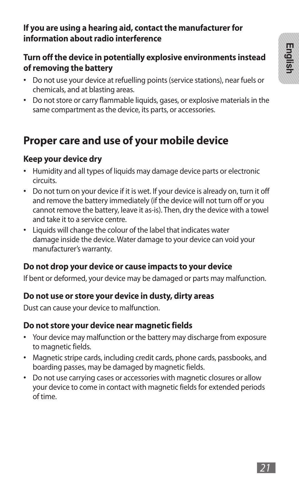 Proper care and use of your mobile device | Samsung GT-B3800 User Manual | Page 23 / 140