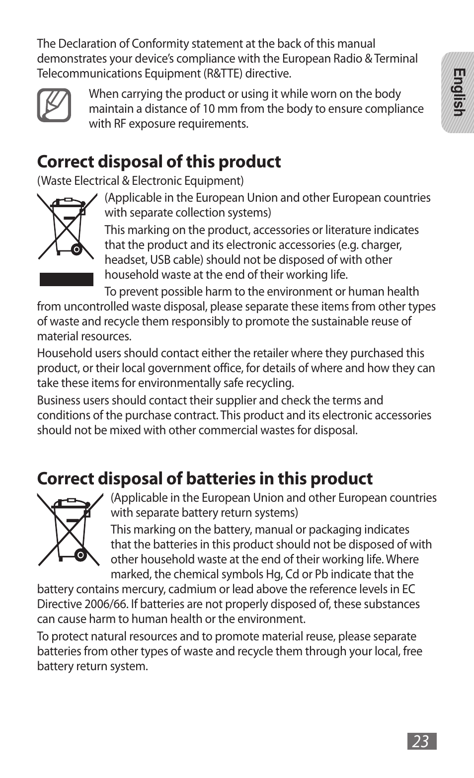 Correct disposal of this product, Correct disposal of batteries in this product | Samsung GT-B3800 User Manual | Page 25 / 140
