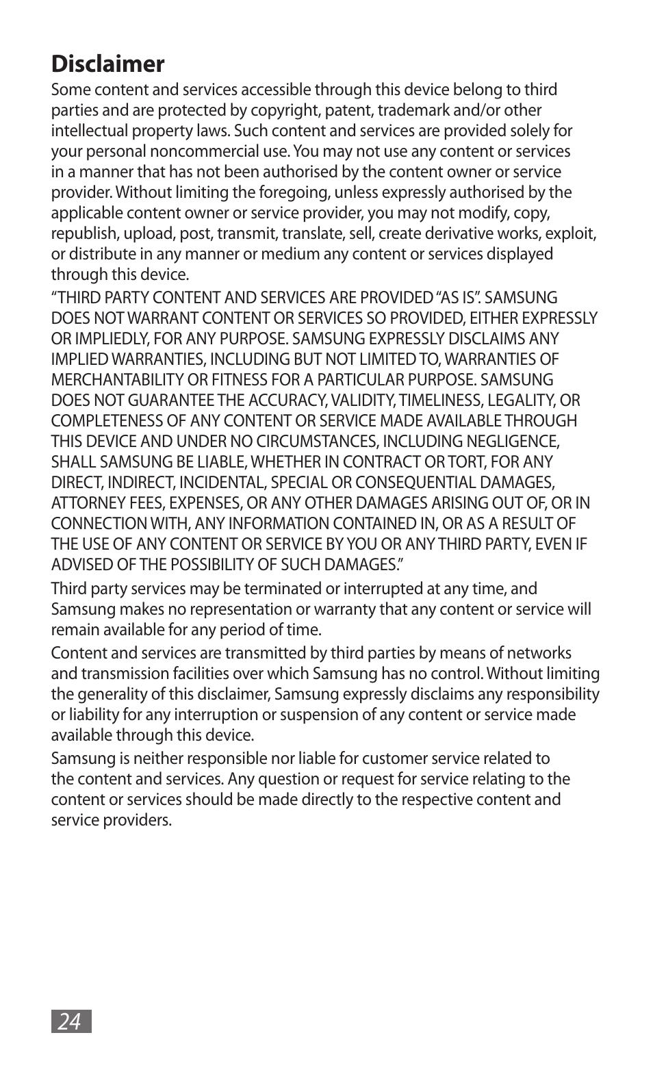 24 disclaimer | Samsung GT-B3800 User Manual | Page 26 / 140