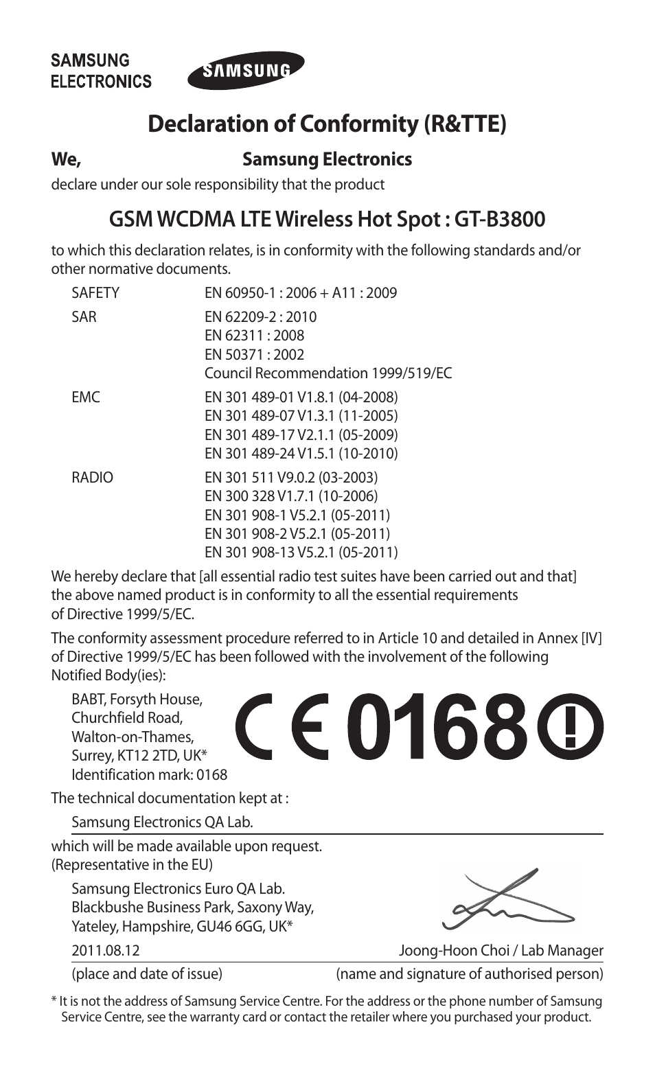 Declaration of conformity (r&tte), Gsm wcdma lte wireless hot spot : gt-b3800 | Samsung GT-B3800 User Manual | Page 27 / 140