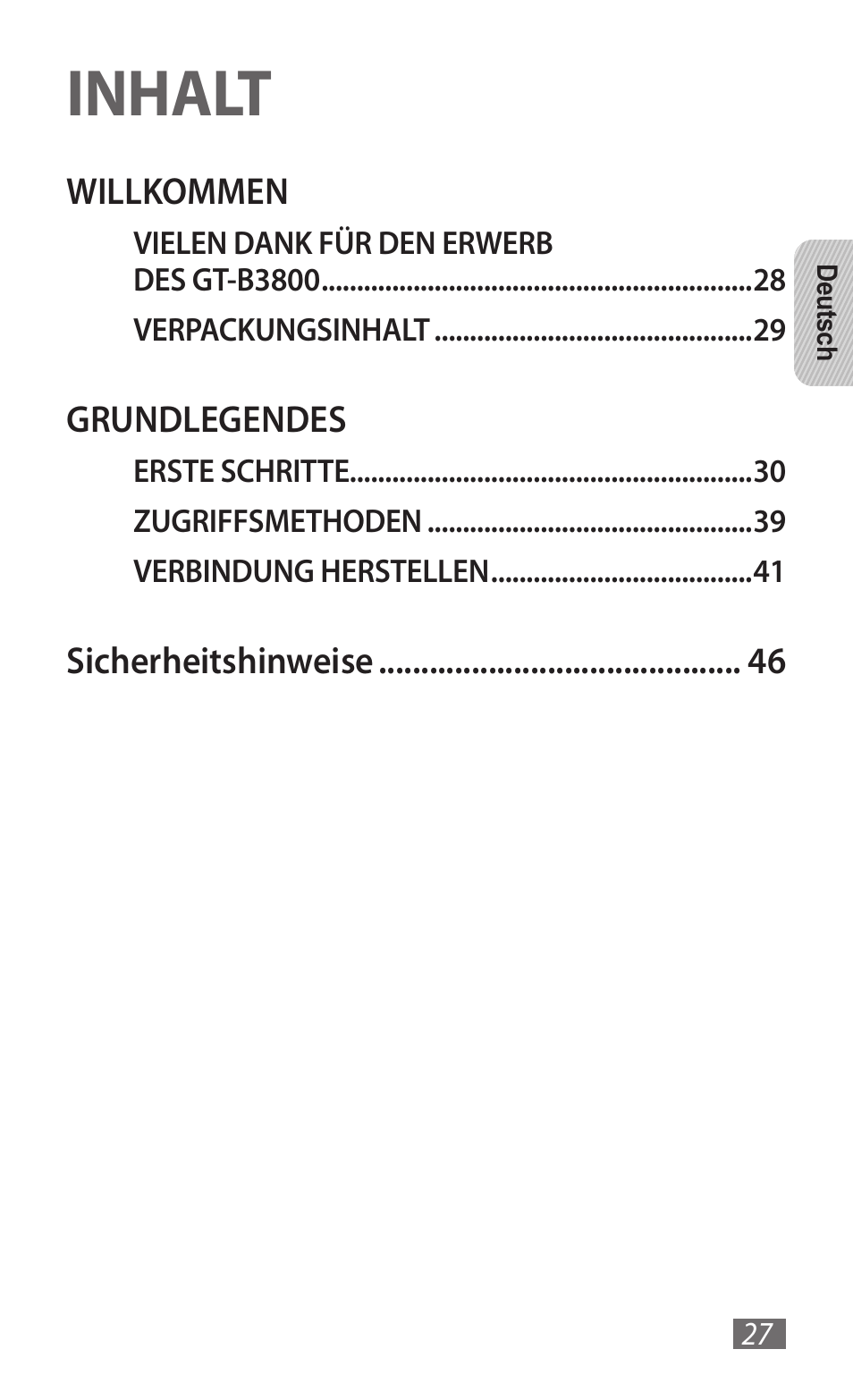Deutsch, Inhalt | Samsung GT-B3800 User Manual | Page 29 / 140