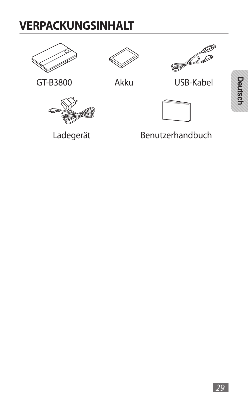 Verpackungsinhalt | Samsung GT-B3800 User Manual | Page 31 / 140