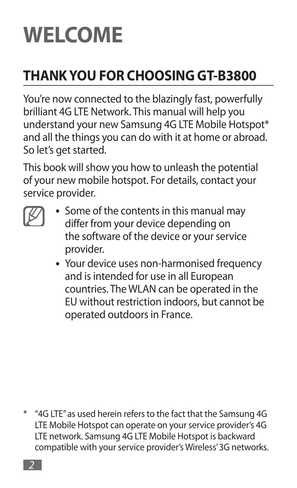Welcome, Thank you for choosing gt-b3800 | Samsung GT-B3800 User Manual | Page 4 / 140